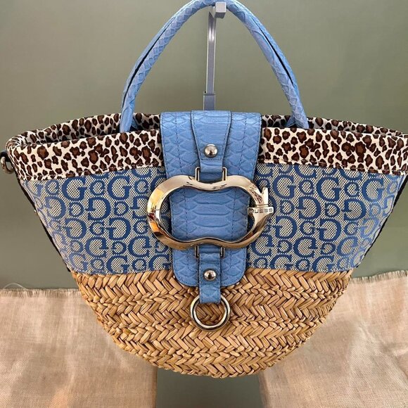 Vintage Guess Blue Logo Straw Tote with Leopard Trim - Picture 1 of 5